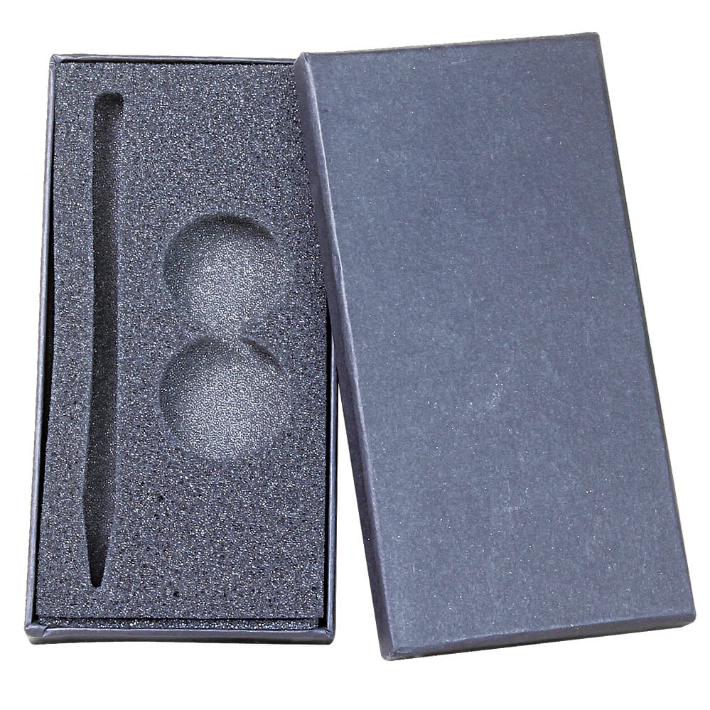 A grey pen box with a textured interior holding a pen and two indentations, featuring a logo on the exterior. Lyra pen box - Image 1