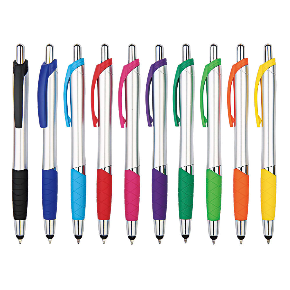 A collection of stylus pens in various colours, featuring a sleek metal design and rubber grips. Each pen has a clip and branding. Sextan plastic stylus pen - Image 1