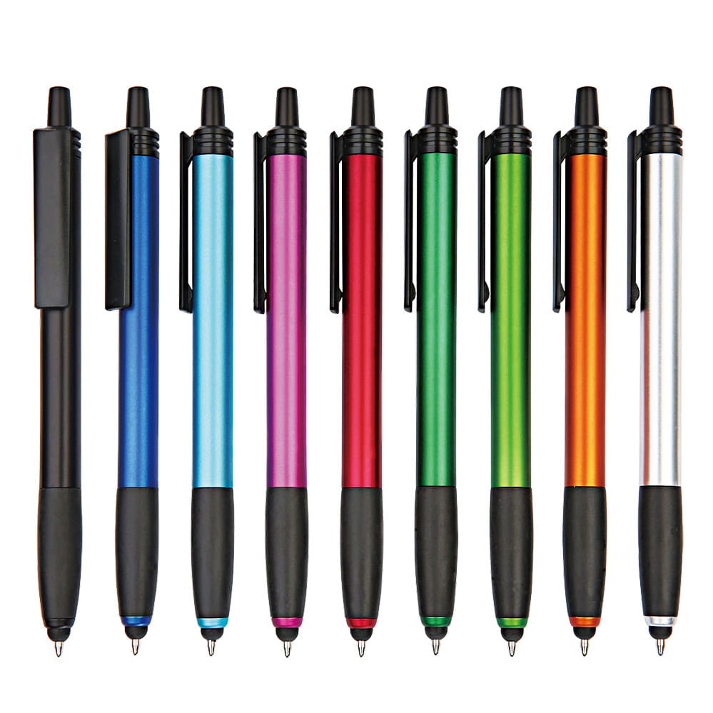 A collection of stylus pens in blue, pink, red, green, orange, black, and silver, featuring a logo on the barrel. Taurus plastic stylus pen - Image 1