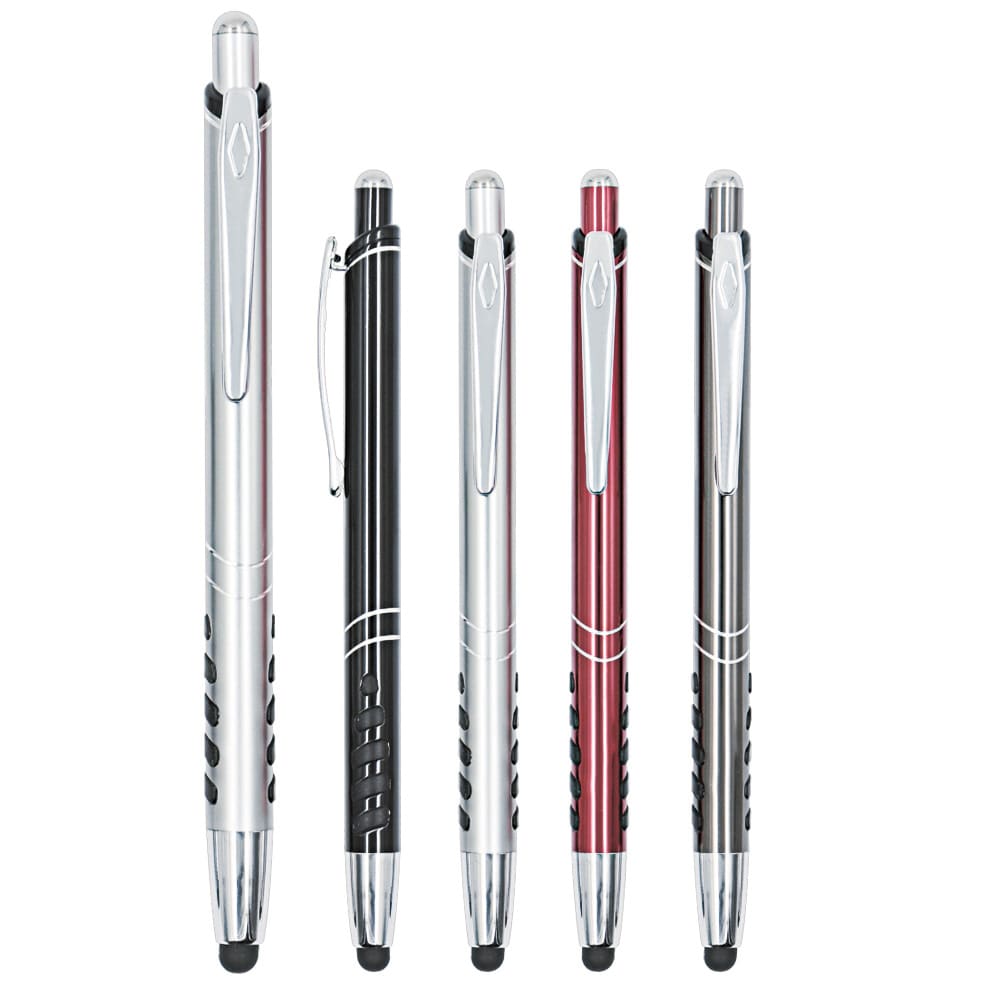 A collection of metal pens in silver, black, red, and chrome finishes, featuring a clip and a logo. Tucana aluminum gel pen - Image 1