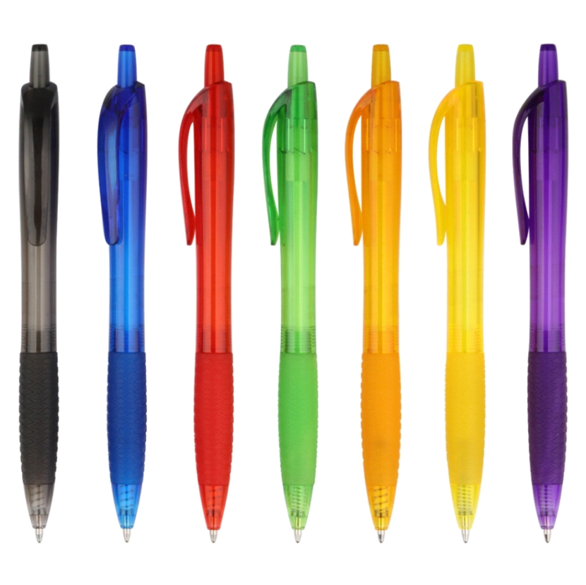 A set of Flare pens in black, blue, red, green, orange, and yellow, featuring a textured grip and click mechanism. Flare plastic pen - Image 1