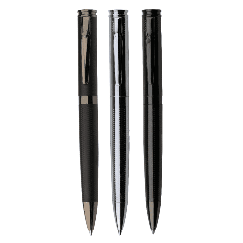 Three metal pens in black and silver, featuring a sleek design with a logo on each pen. Roche brass pen - Image 1