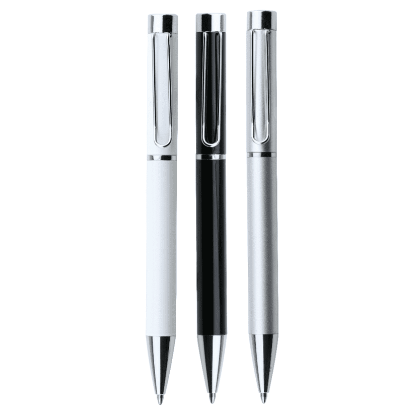 A set of three metal pens in white, black, and silver, each featuring a clip and a shiny chrome tip. Tides brass pen - Image 1