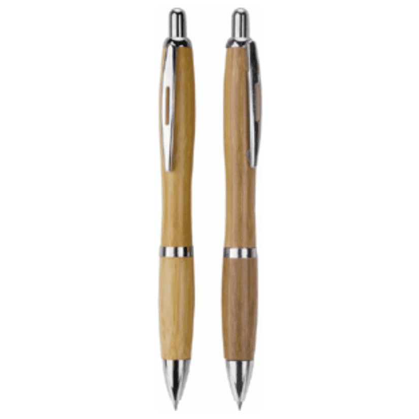 Two metal pens with bamboo barrels and chrome accents, featuring a logo on one side. Quicksand bamboo pen - Image 1