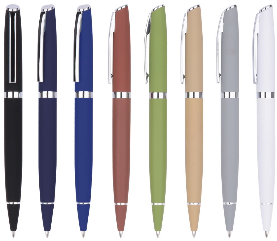 A collection of Basalt pens in black, dark blue, green, brown, beige, grey, and white, featuring a metallic finish and branding. Basalt aluminum pen - Image 1