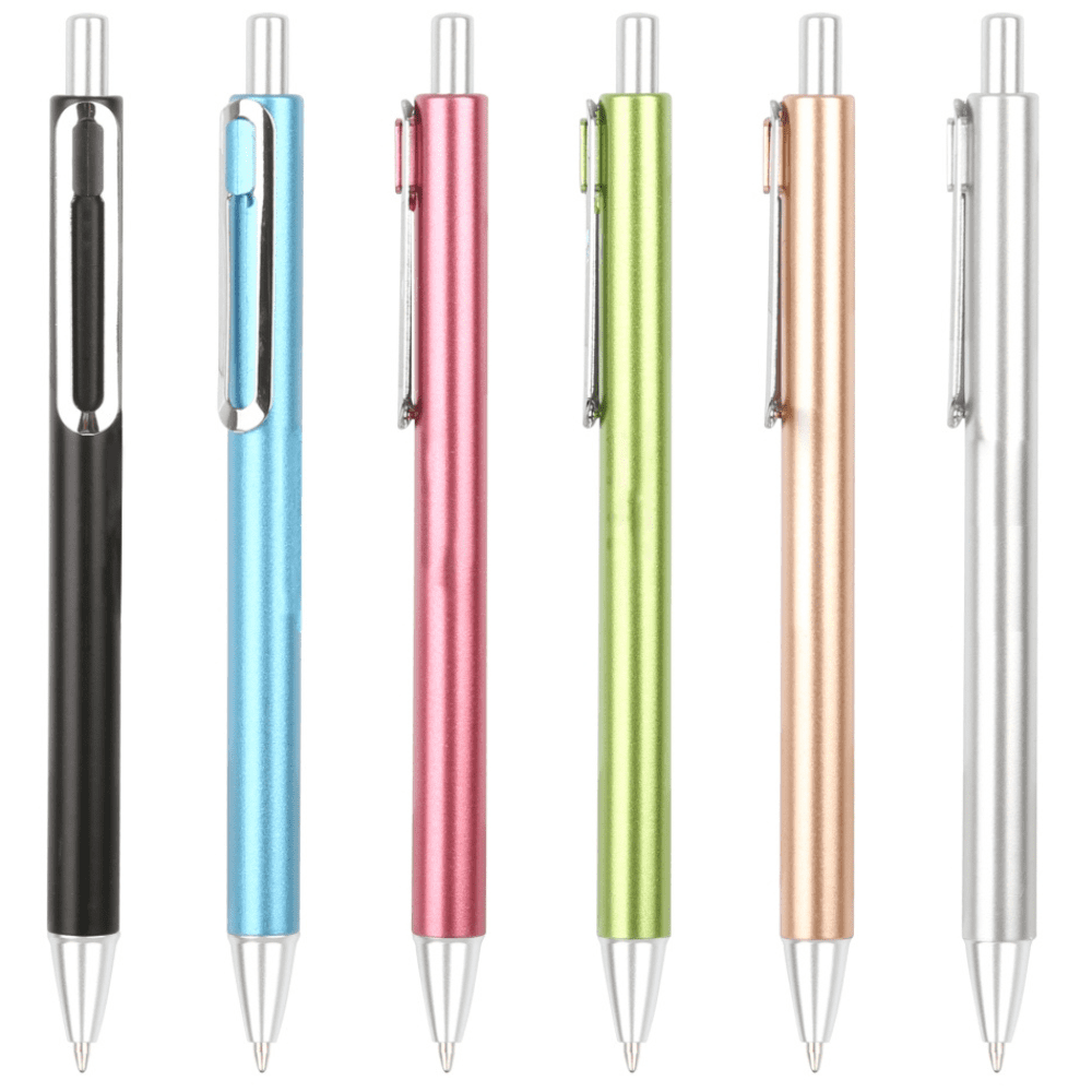A collection of plastic pens in black, blue, pink, green, copper, and silver, with silver accents and clip. Aurora plastic pen - Image 1
