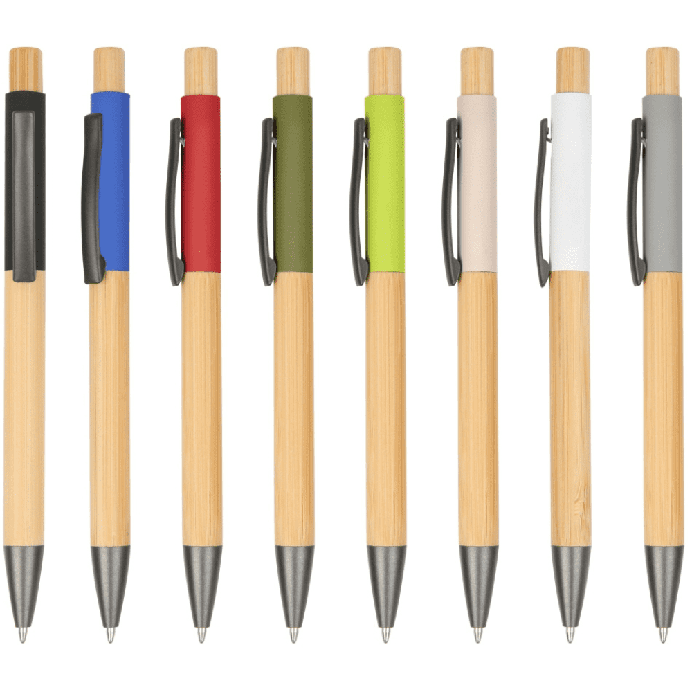A range of wooden pens in various colours: blue, red, green, light green, beige, white, grey, and black. Blizzard bamboo aluminum pen - Image 1