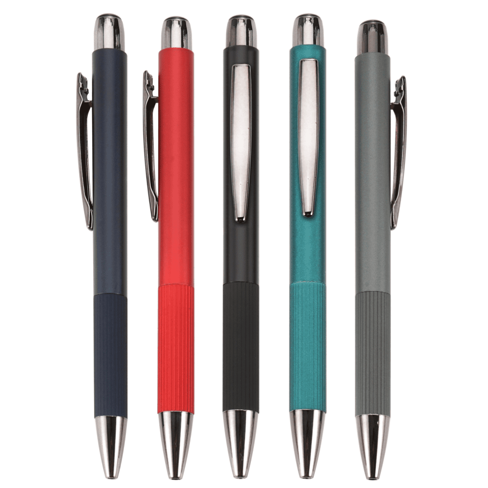A collection of five metal pens in navy, red, black, teal, and grey, each featuring a clip and shiny tip. Thunder recycled aluminum pen - Image 1