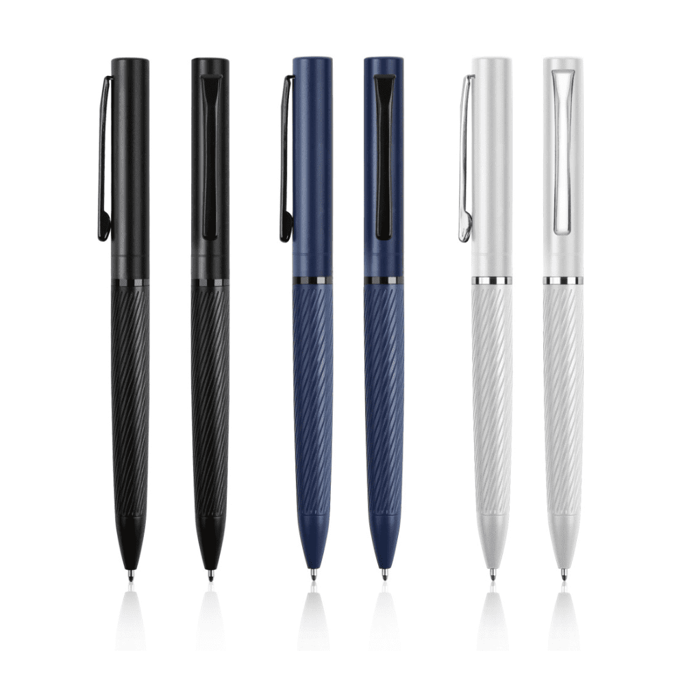 A collection of three Orion pens in black, navy blue, and silver, featuring a textured grip and clips. Orion pen brass pen - Image 1