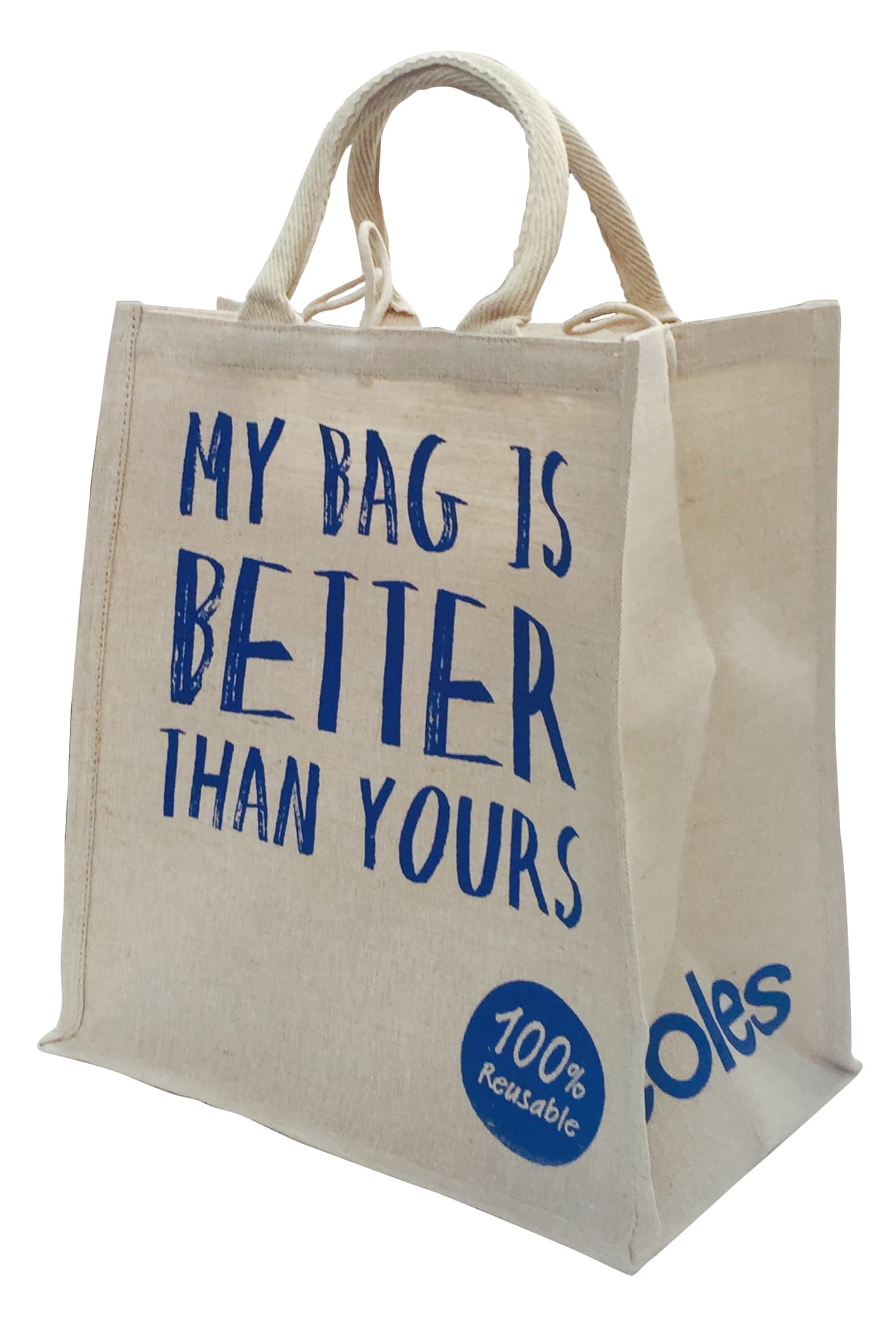 A large, natural jute shopping bag with blue text and handles, featuring a logo. Large Jute Shopping Bag - Image 1