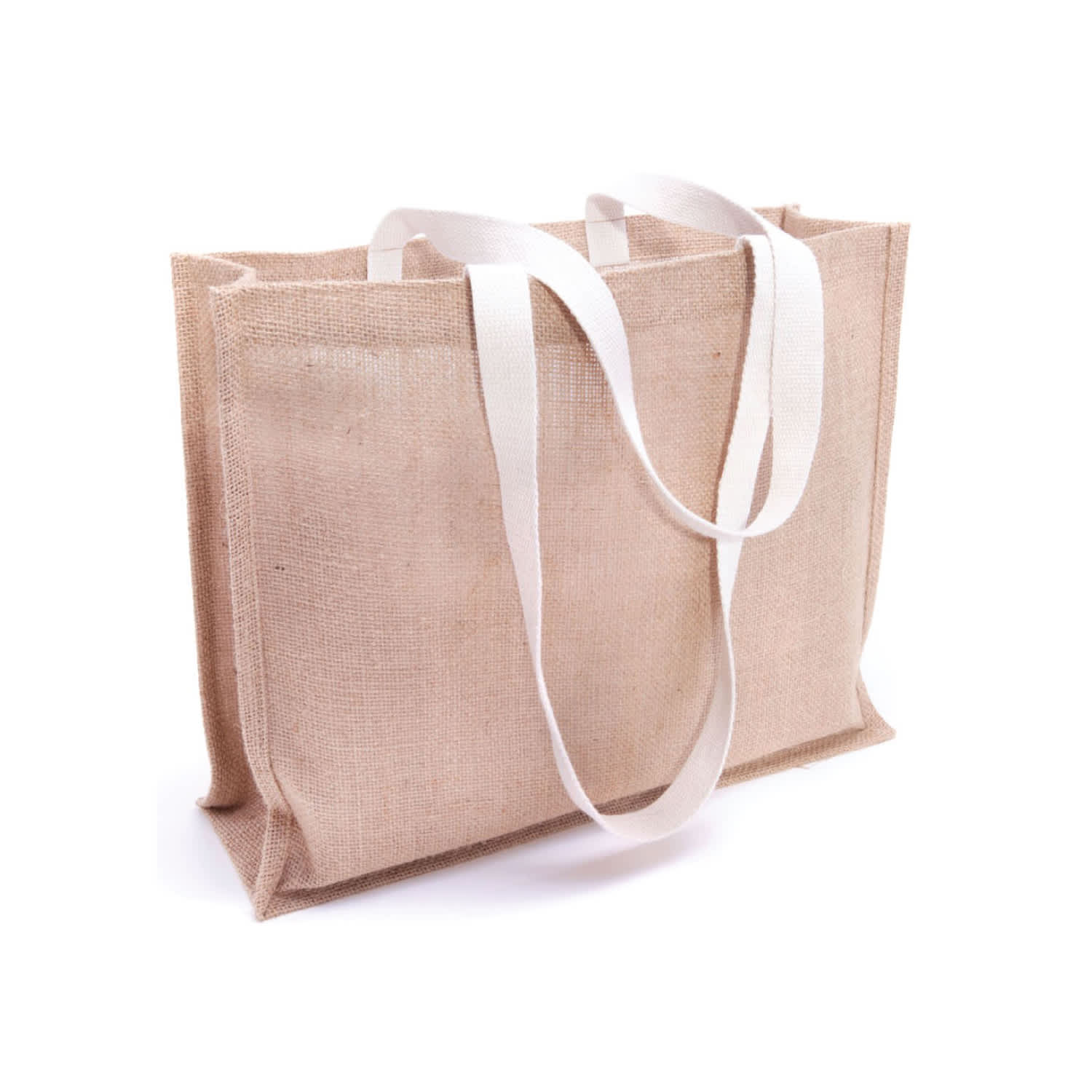 A jute tote bag in natural brown with white straps, featuring a gusset for extra space and a logo. Jute Boutique Bag With Gusset - Image 1