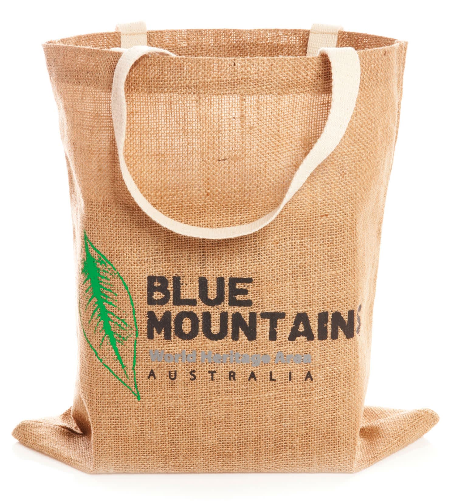 A jute shopping bag in a natural tan colour with a logo and fabric handles. Jute Shopping Bag - Image 1