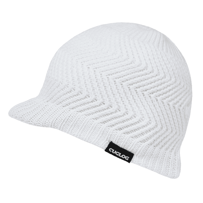 A white knitted beanie featuring a zigzag pattern and a small logo tag. Elbert ZigZag Pattern HybriCap - Image 1
