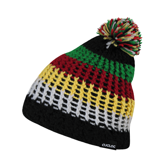 A knitted beanie featuring black, red, green, yellow, and white stripes, topped with a multicoloured pom-pom. Matterhorn Beanies - Image 1