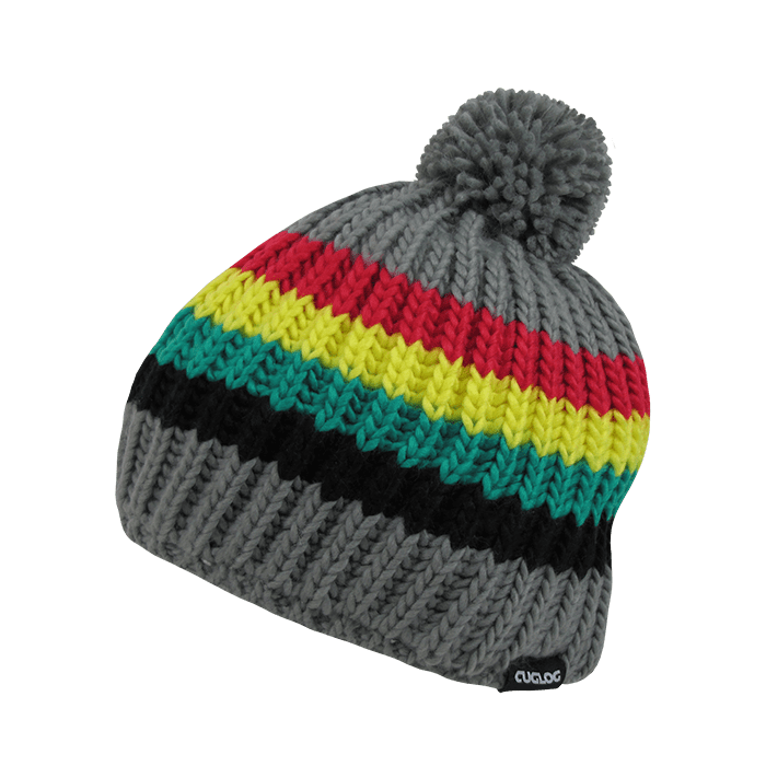 A knitted beanie featuring grey, red, yellow, green, and black stripes, topped with a pom-pom. It has a logo. Mont Ventoux Beanies - Image 1