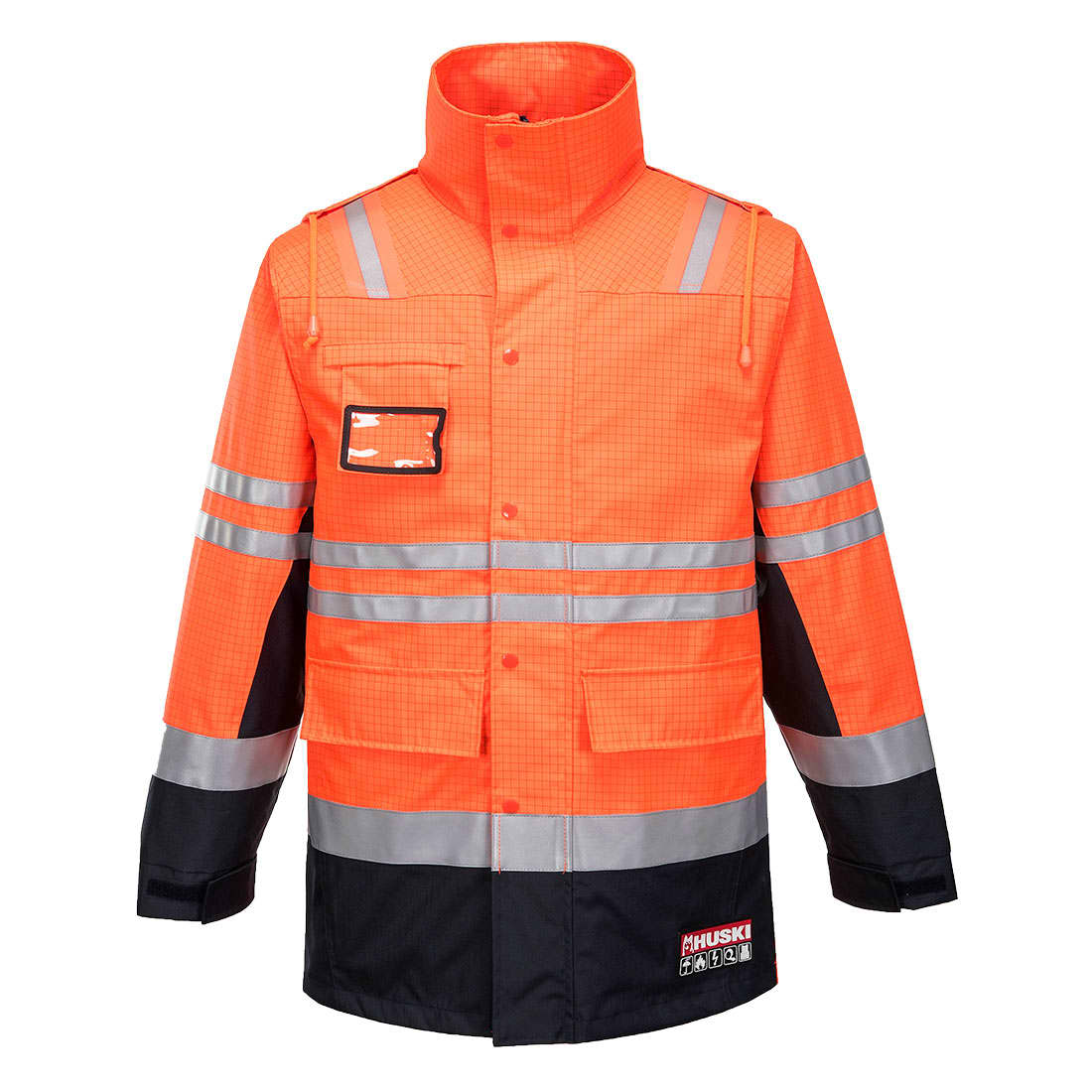 An orange and black safety jacket with reflective strips and a pocket, featuring a logo on the front. Huski FR Class D/N Fire Jacket - Image 1