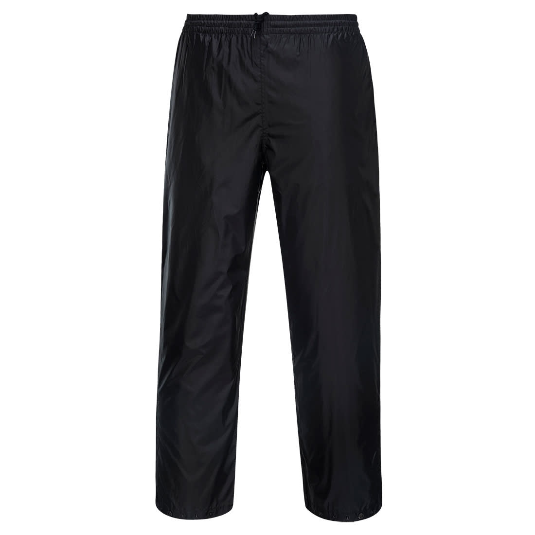 Packable pants in black with an elastic waistband and a logo. Lightweight design suitable for various activities. Huski Monsoon Rain Pants - Image 1
