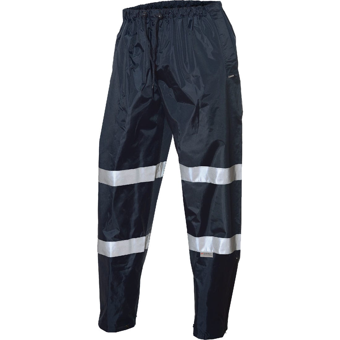 Black pants with reflective silver stripes, featuring an elasticised waistband and a lightweight design. Huski Hi-Vis Rain Pants - Image 1
