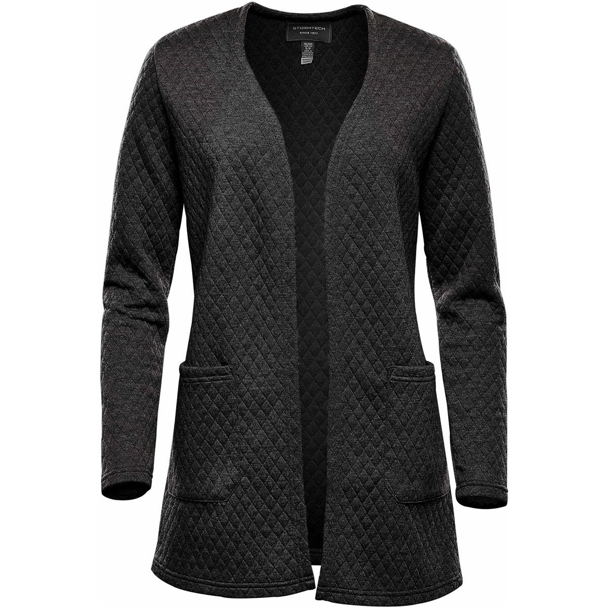 A Women's Chelsea Open Cardigan in a textured dark grey with pockets and a relaxed fit. Features a branding logo. Women's Chelsea Open Cardigan - Image 1