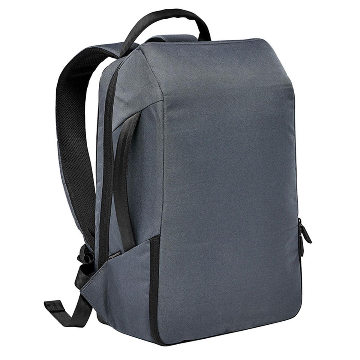 A dark grey backpack with padded straps and a sleek design, featuring a side zipper and a logo. Toluca Backpack - Image 1