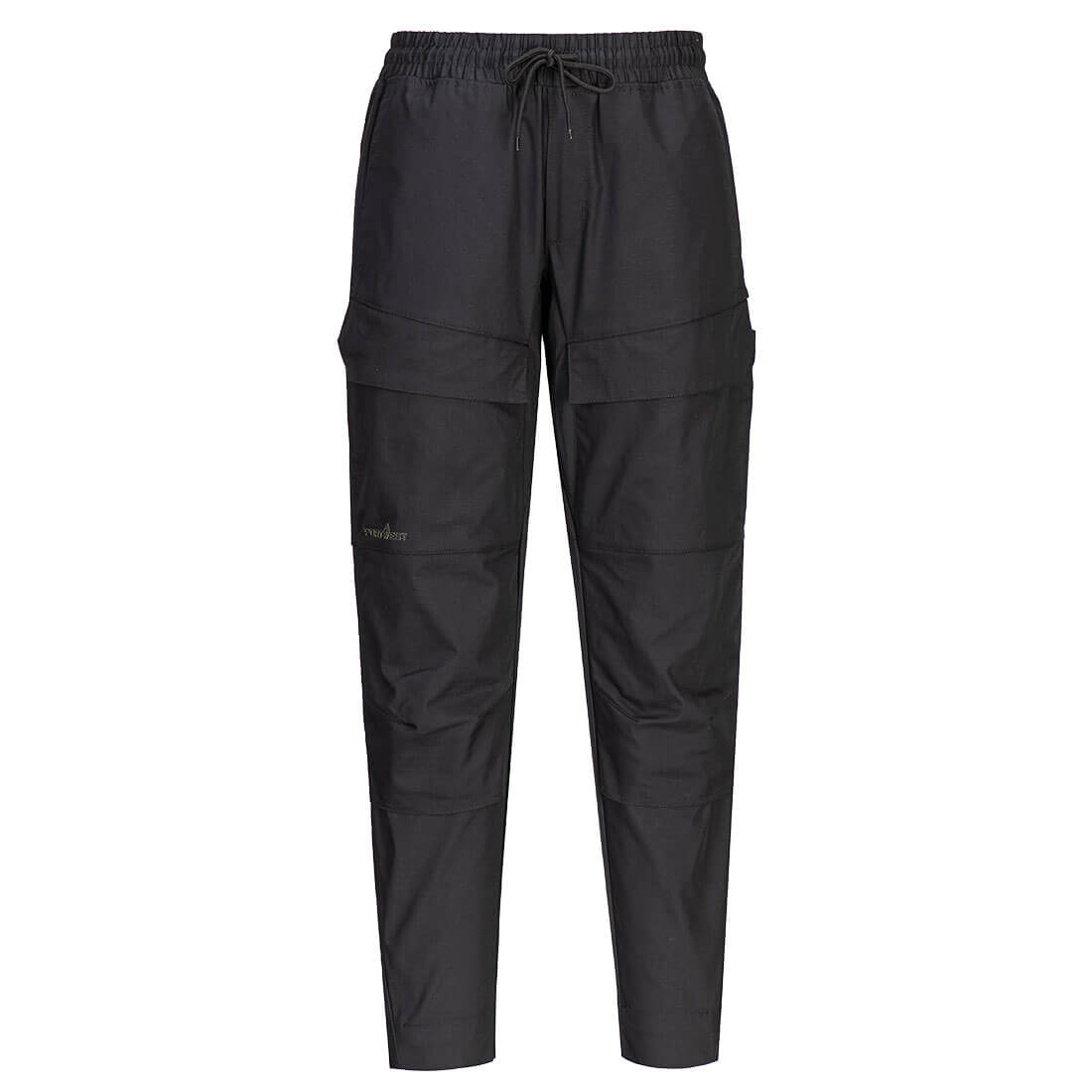 A pair of black cargo trousers with a drawstring waist and multiple pockets, featuring a logo. KX3 Drawstring Pants - Image 1