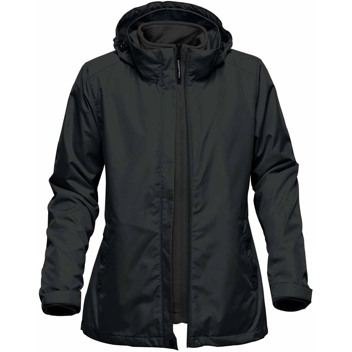 A women's black 3 in 1 jacket with a hood, featuring a zip closure and a logo on the sleeve. Women's Nautilus 3 in 1 Jacket - Image 1