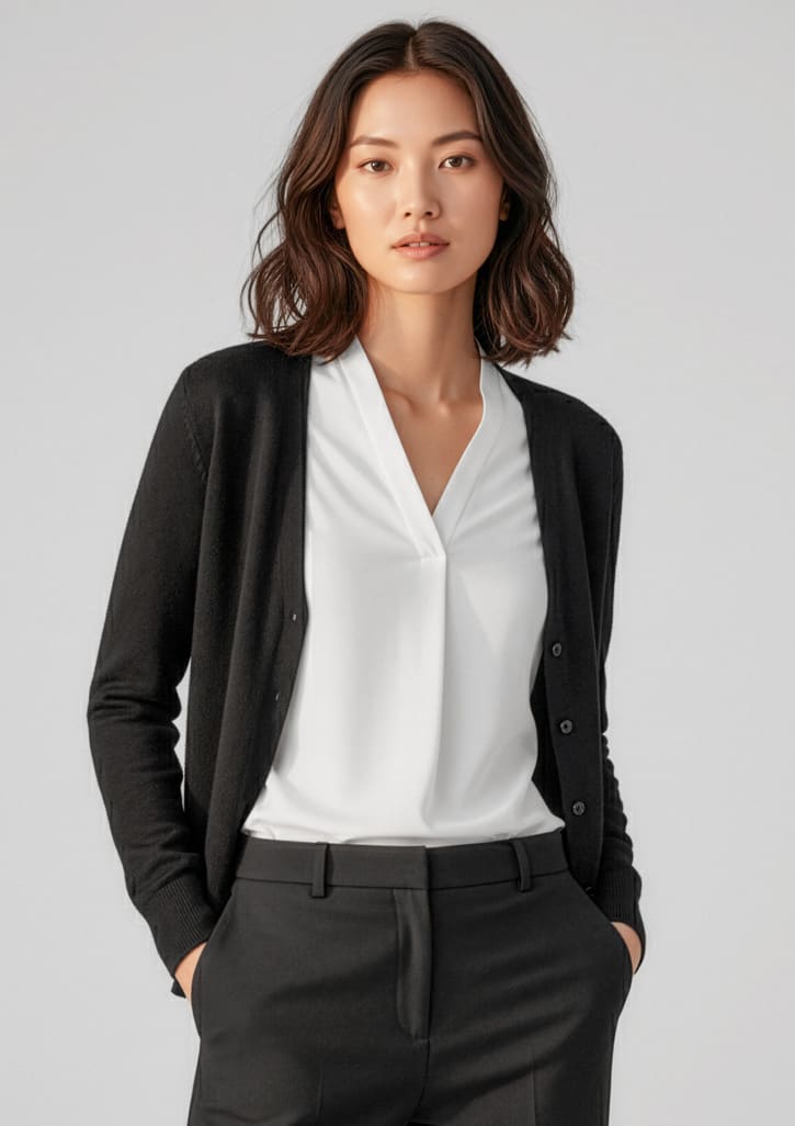 A woman models a black knit cardigan over a white blouse, paired with tailored black trousers. The cardigan has buttons and a subtle texture. Womens Roma Knit Cardigan - Image 1