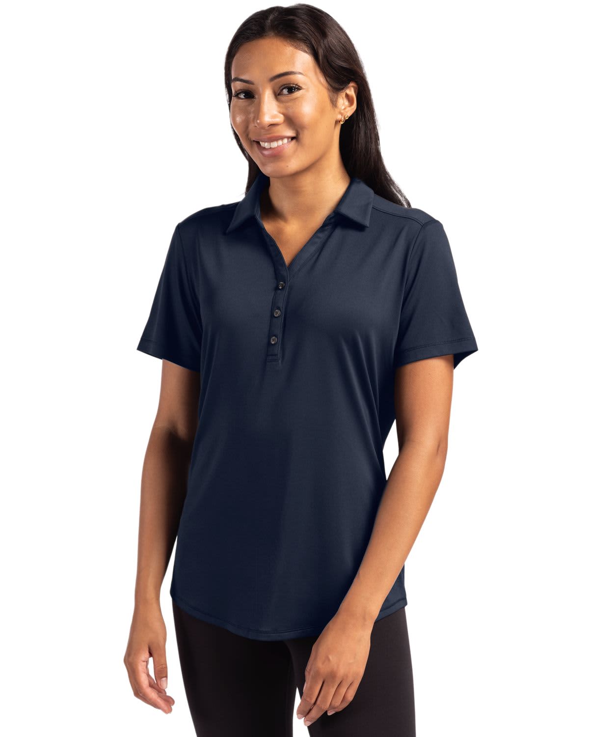 A navy blue polo shirt for women with a collar, short sleeves, and a front button placket. It features a logo. Ladies Forge Eco Polo - Image 1
