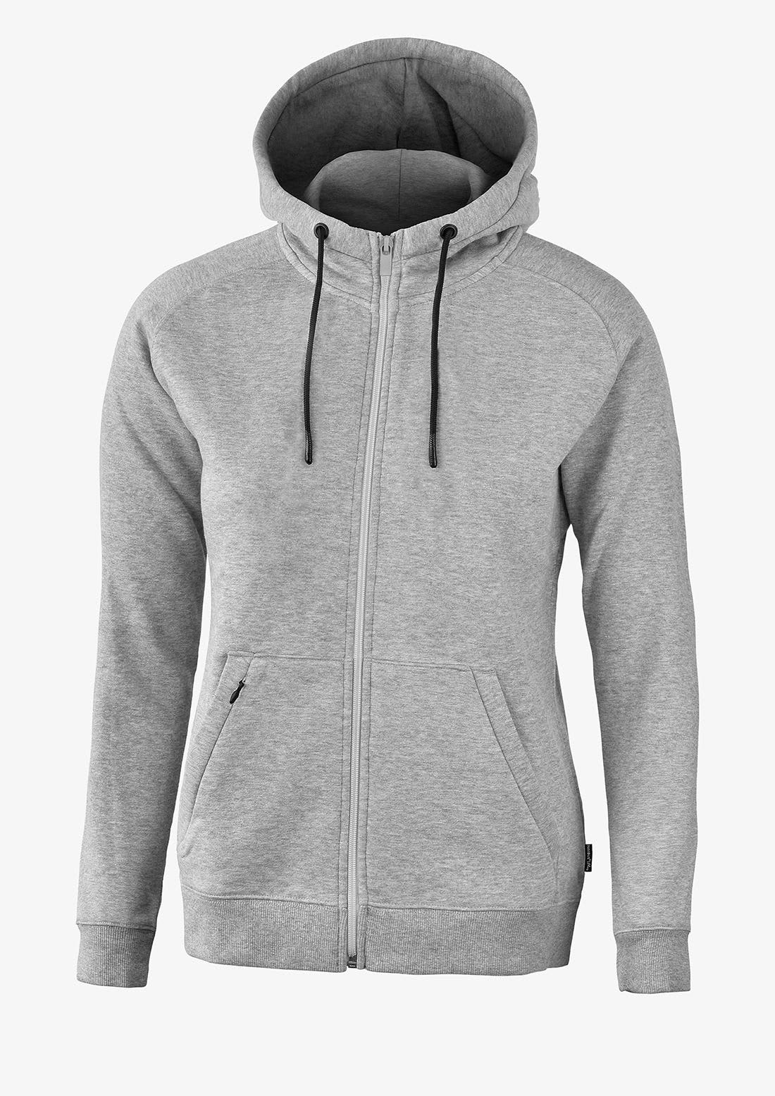 A grey zip-up hoodie with a hood, featuring pockets and drawstrings. It also has a logo. Lenox Women Jacket - Image 1