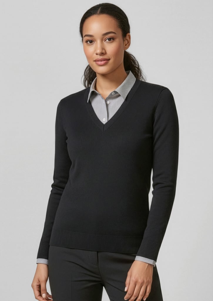 A black women's V-neck knit pullover worn over a grey collared shirt, featuring long sleeves and a fitted design. Womens V-Neck Knit Pullover - Image 1