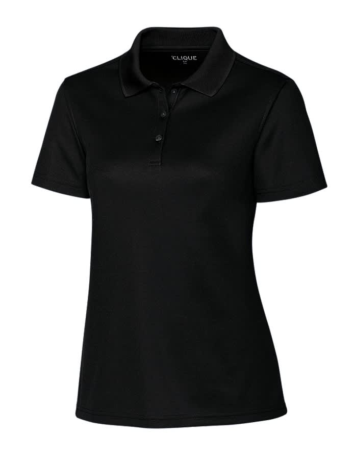 A black polo shirt with a collar and short sleeves, featuring a logo on the chest. Ladies Clique by CB Spin Dye Pique Polo - Image 1