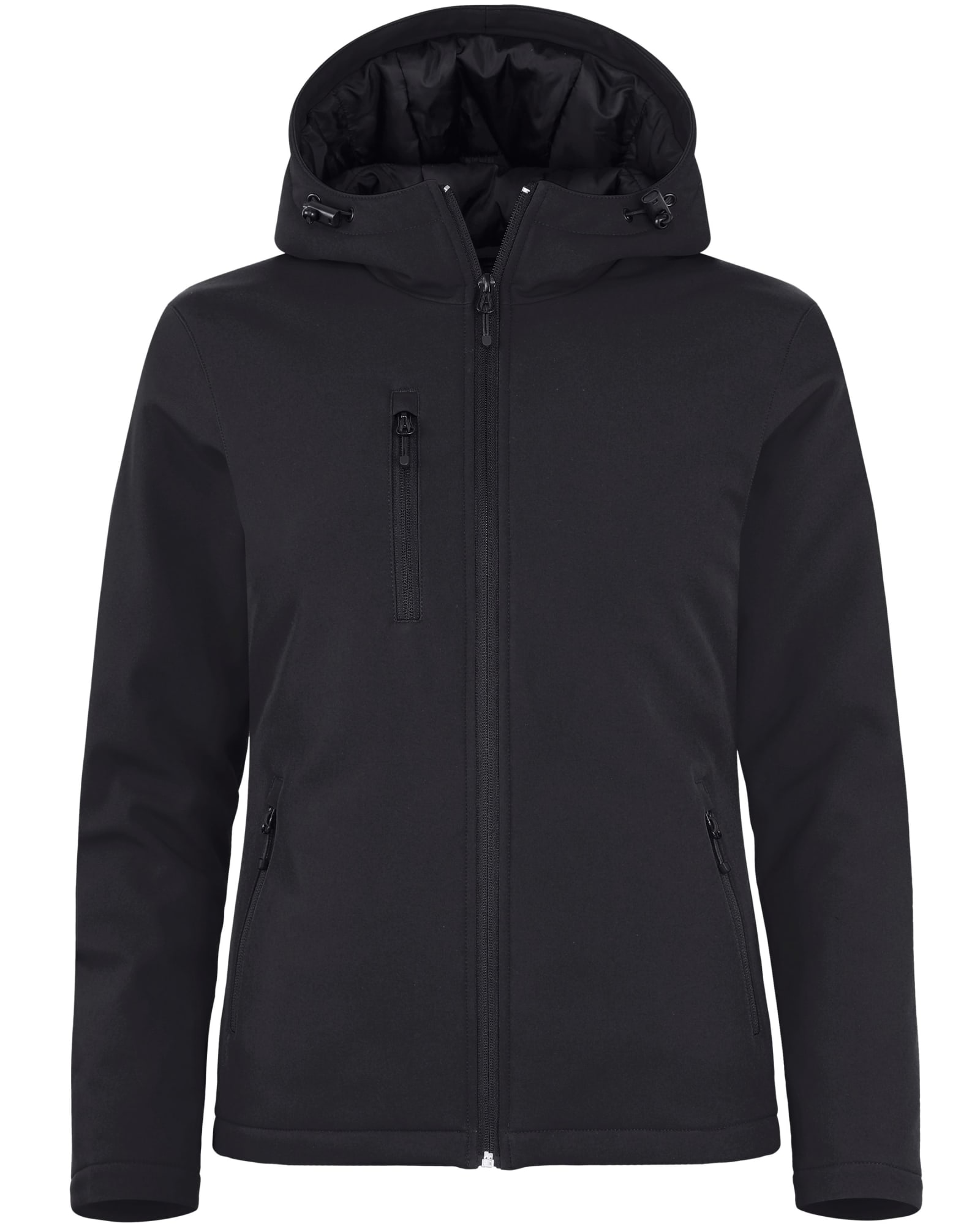 A black softshell jacket with a hood, featuring multiple zippered pockets and a logo on the sleeve. Ladies Equinox Softshell Jacket - Image 1