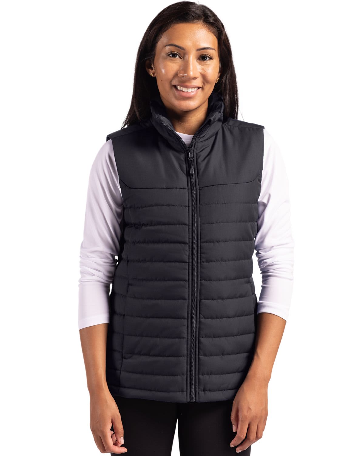 A black puffer vest with a zip front, featuring a collar and a fitted design, modelled by a woman. Ladies Elevation Eco Puffer Vest - Image 1