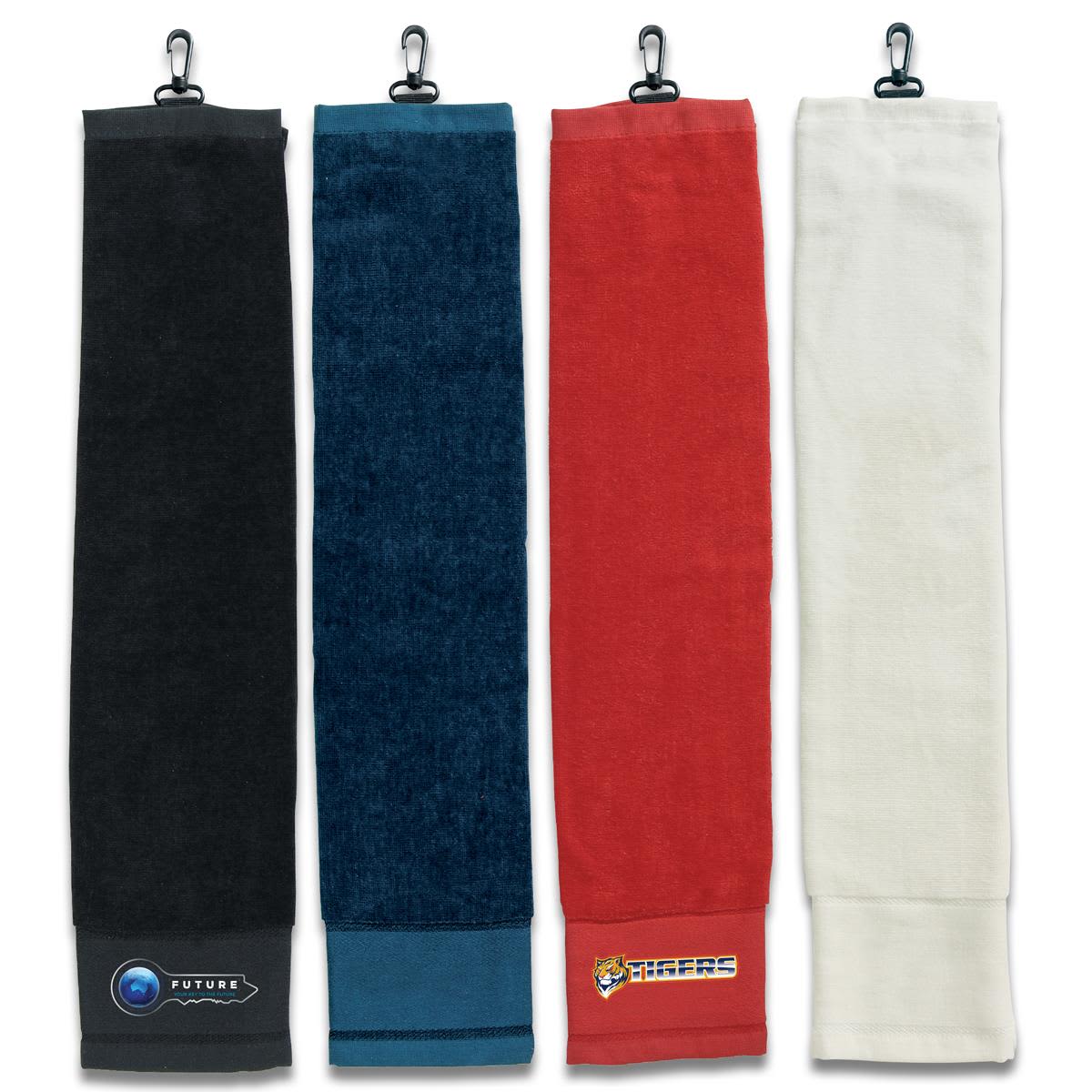 Four golf towels in different colours: black, navy, red, and white, each with a clip and logo. Golf Towel - Image 1