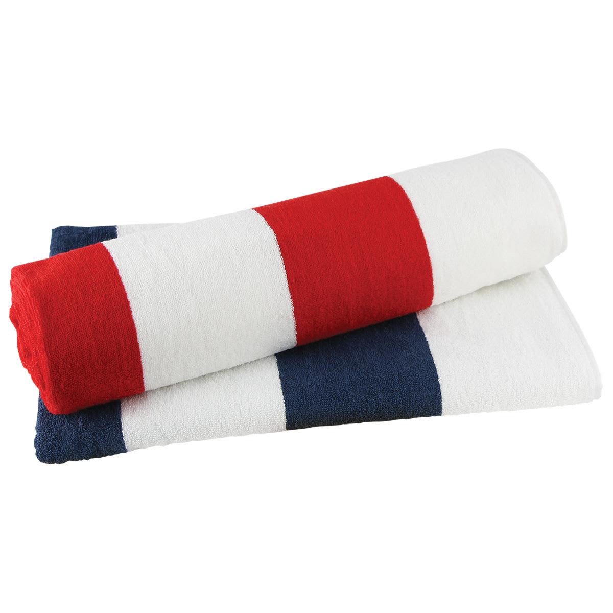 A striped towel featuring red, white, and navy blue stripes, folded neatly. Branding is present on the towel. Striped Towel - Image 1