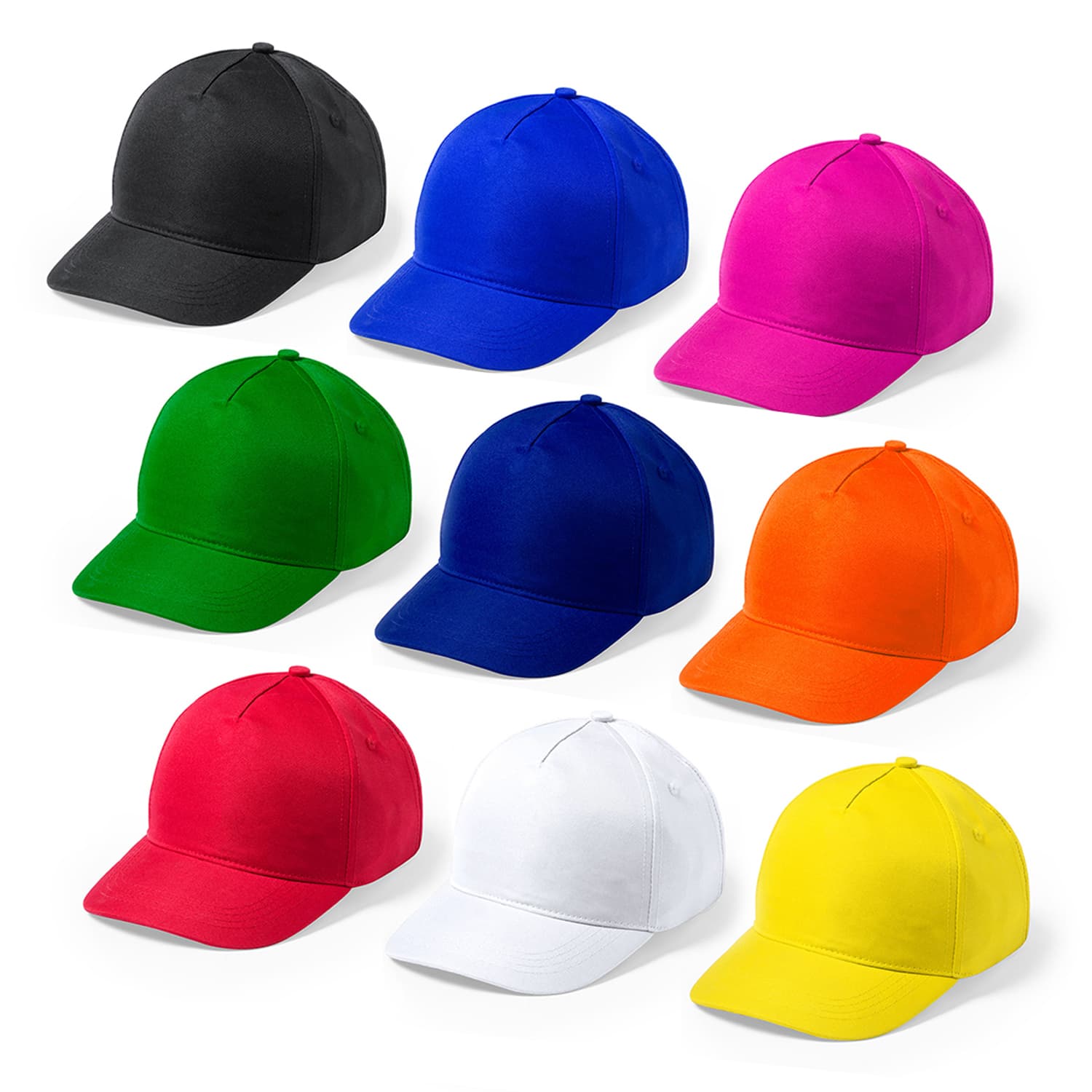 A collection of nine caps in various colours: black, green, blue, dark blue, pink, orange, red, white, and yellow. Each cap has a logo. Krox - Image 1