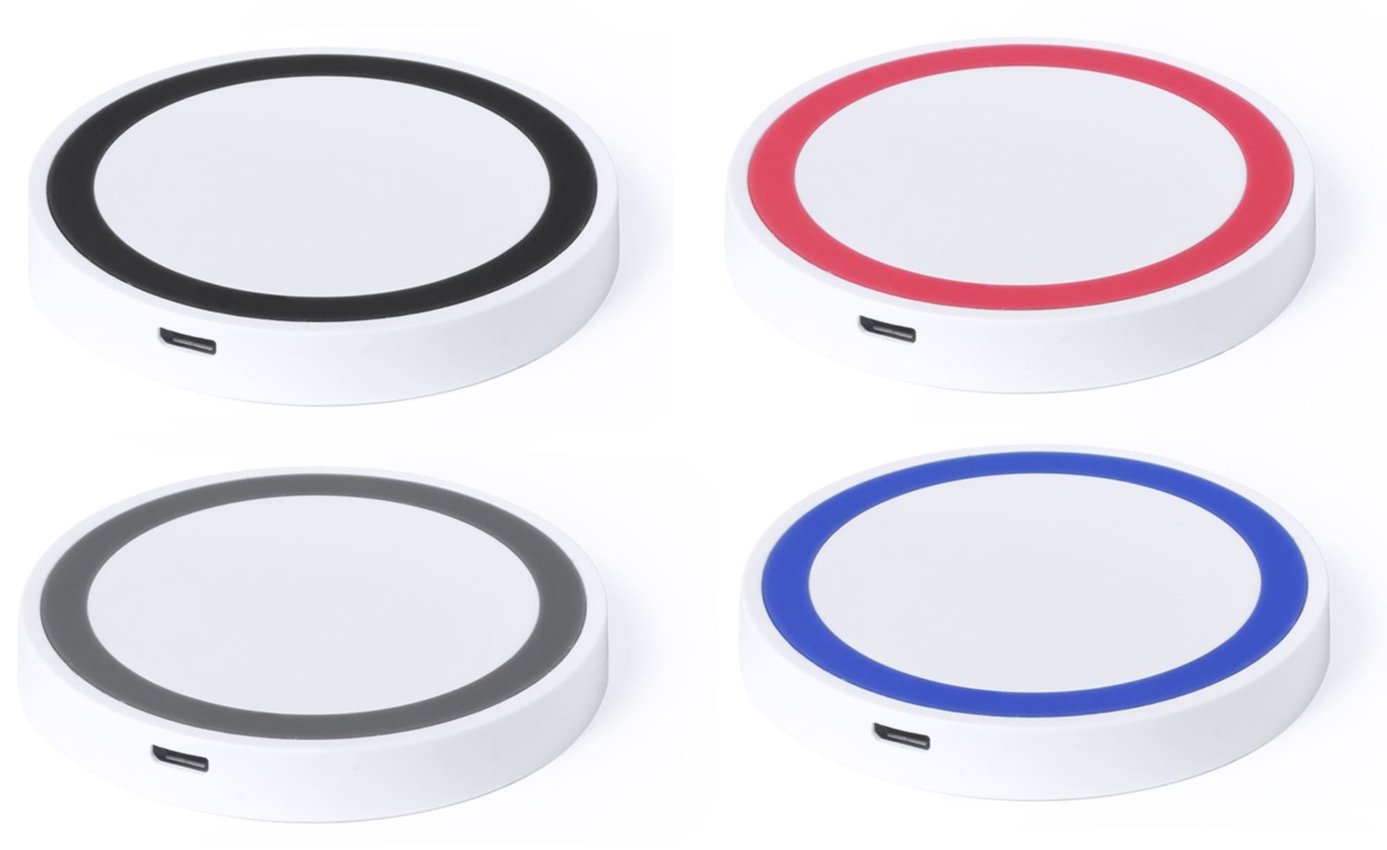 A set of four wireless chargers in black, grey, red, and blue with a white base and a logo. Radik - Image 1