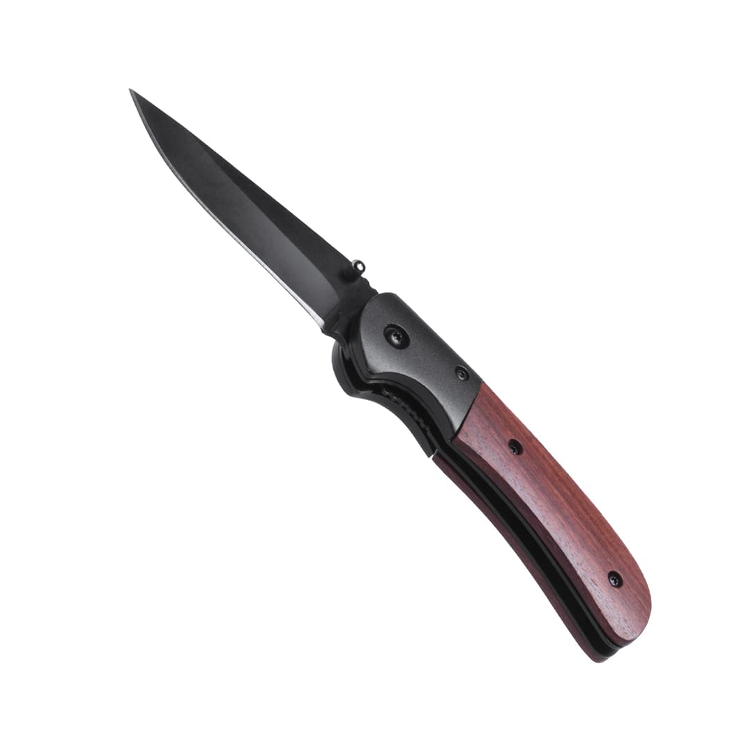 A folding knife with a black blade and a wooden handle, featuring a sleek design and a locking mechanism. Dertam - Image 1