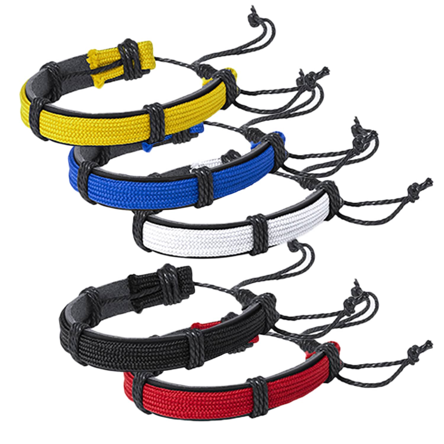 A set of four bracelets in yellow, blue, white, and red, featuring leather and polyester materials with adjustable cords. Bracelet Fashion leather and polyester Quilex - Image 1
