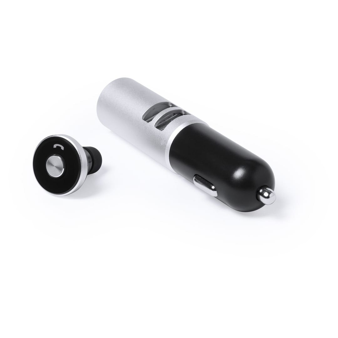 A car charger in black and silver with a detachable plug and a round control button. It features a logo. Lacoust - Image 1