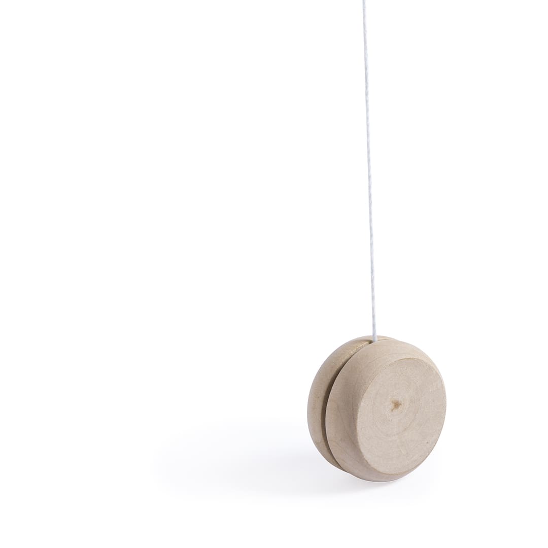 A wooden yo-yo with a natural finish, featuring a string for throwing and catching. Cretium - Image 1