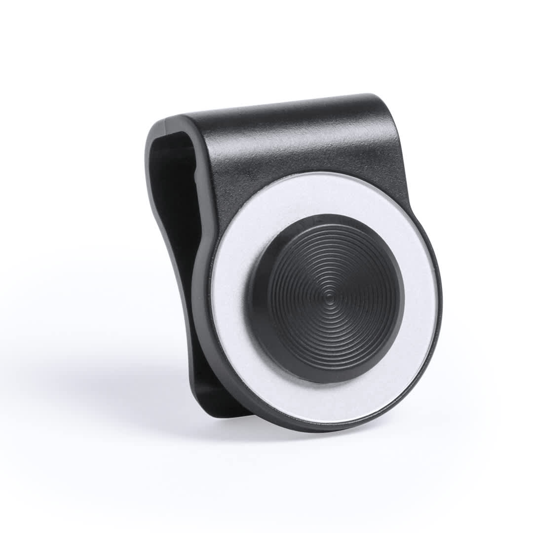 A black and white circular promotional product with a clip on the back. Features a textured surface. Maint - Image 1