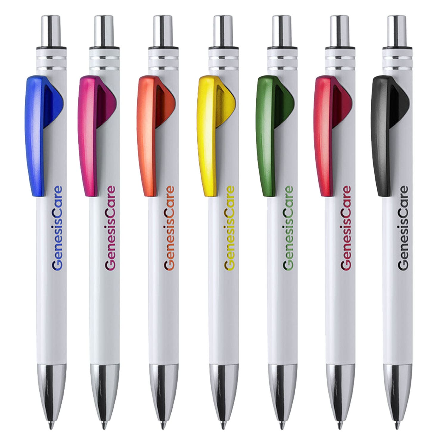 Eight pens in various colours, featuring white barrels and different coloured grips, each with a logo. Wencex - Image 1