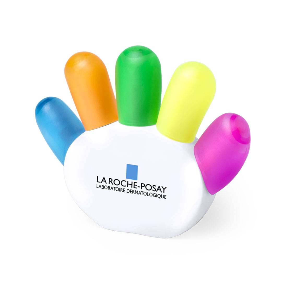 A hand-shaped dispenser featuring five brightly coloured caps in orange, green, yellow, pink, and blue. It has a logo. Dinku - Image 1
