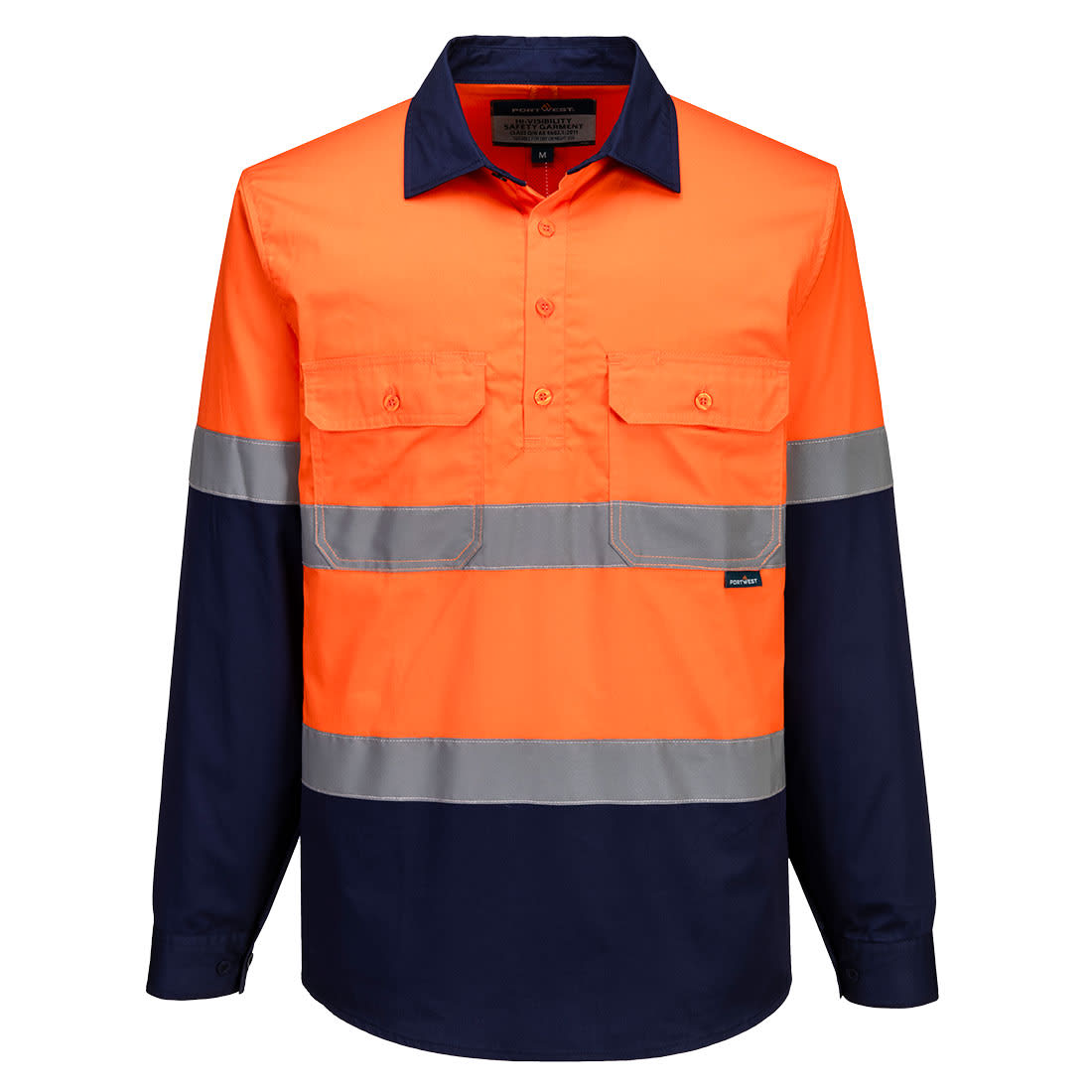 A long-sleeve safety shirt featuring bright orange and navy blue colours with reflective stripes and two front pockets. Hi-Vis Contrast Closed Front Shirt L/S - Image 1