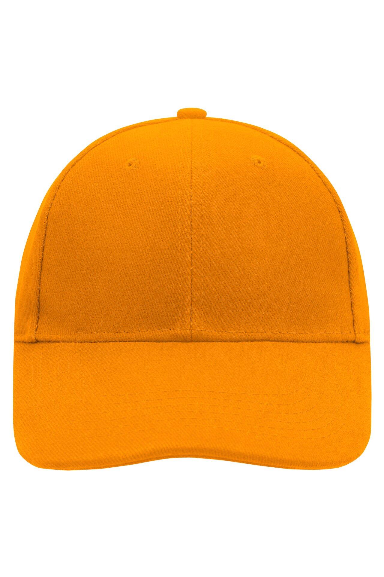 An orange 6 panel cap featuring a structured design and a curved brim. It includes a logo on the front. 6 Panel Cap - Image 1