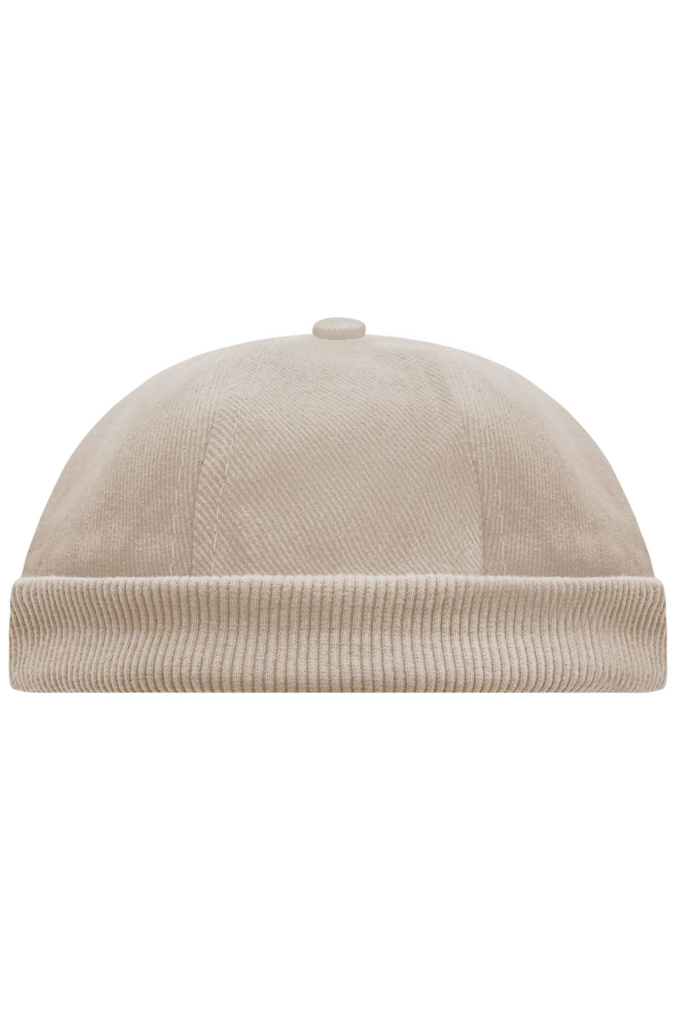 A beige 6-panel chef cap with a rounded top and ribbed band at the base. It features a small button on top. 6 Panel Chef Cap - Image 1