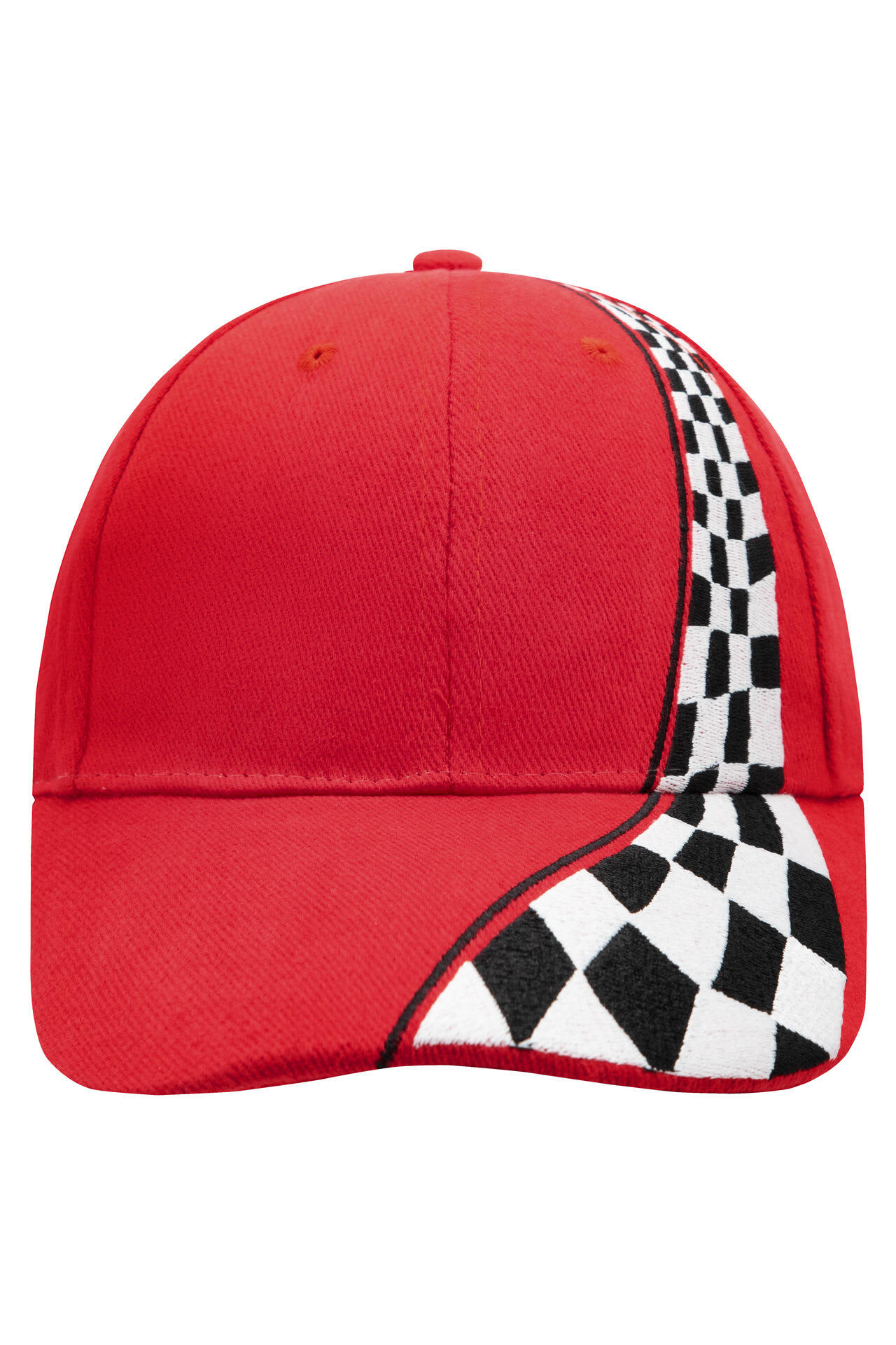 A red cap featuring a checkered pattern design along one side and a logo. Racing Cap - Image 1