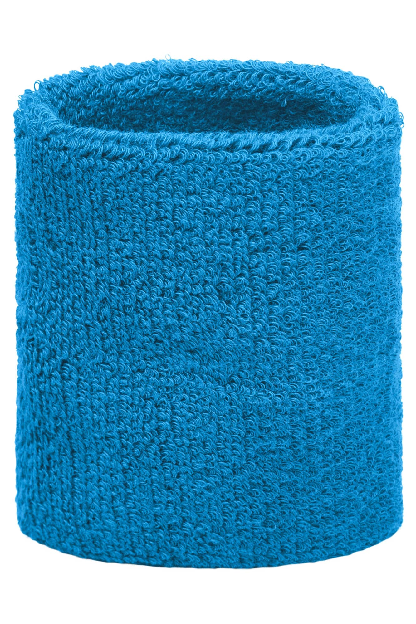 A blue terry wristband with a soft, textured finish and a consistent cylindrical shape. It features a logo. Terry Wristband - Image 1