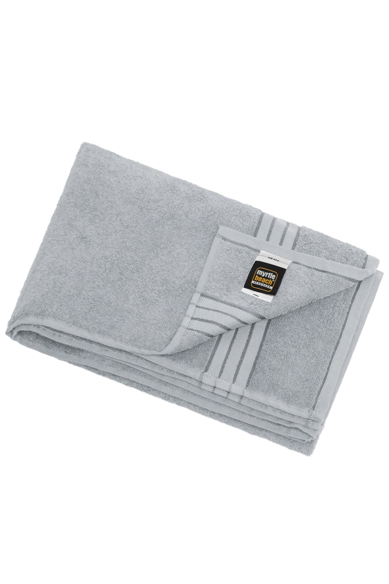 A grey bath sheet featuring a folded design and a logo on the corner. Soft and absorbent fabric. Bath Sheet - Image 1